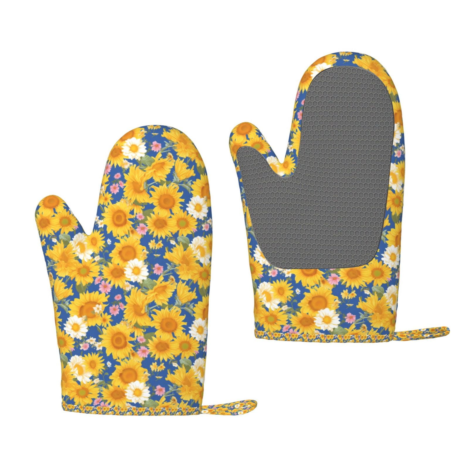Hirioo Vintage White Yellow Sunflower for Silicone Oven Mitts for BBQ, Baking, Cooking, Set of 2, Heat Resistant 260℃, Non-Slip Kitchen Essentials