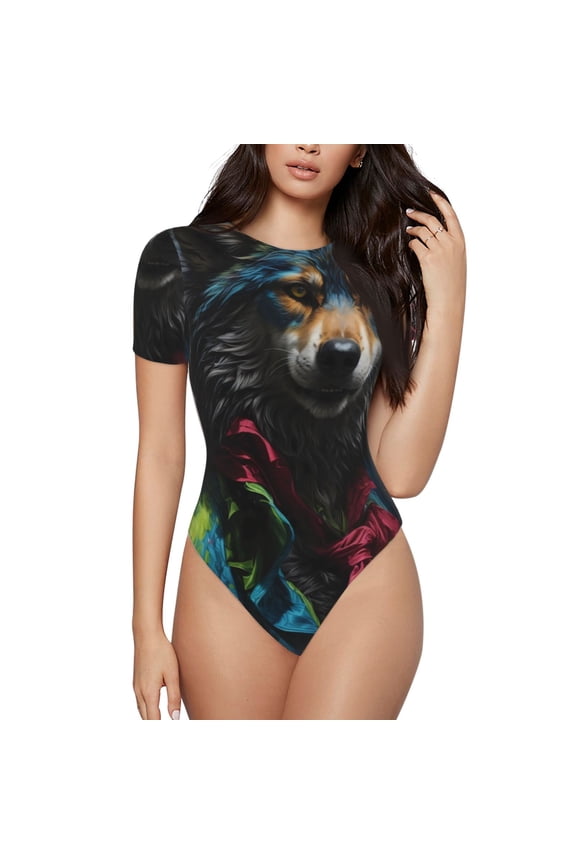 Vintage Wolf Warrior for Women's Round Neck Short-sleeved Onesie Basic Bodysuits-Medium