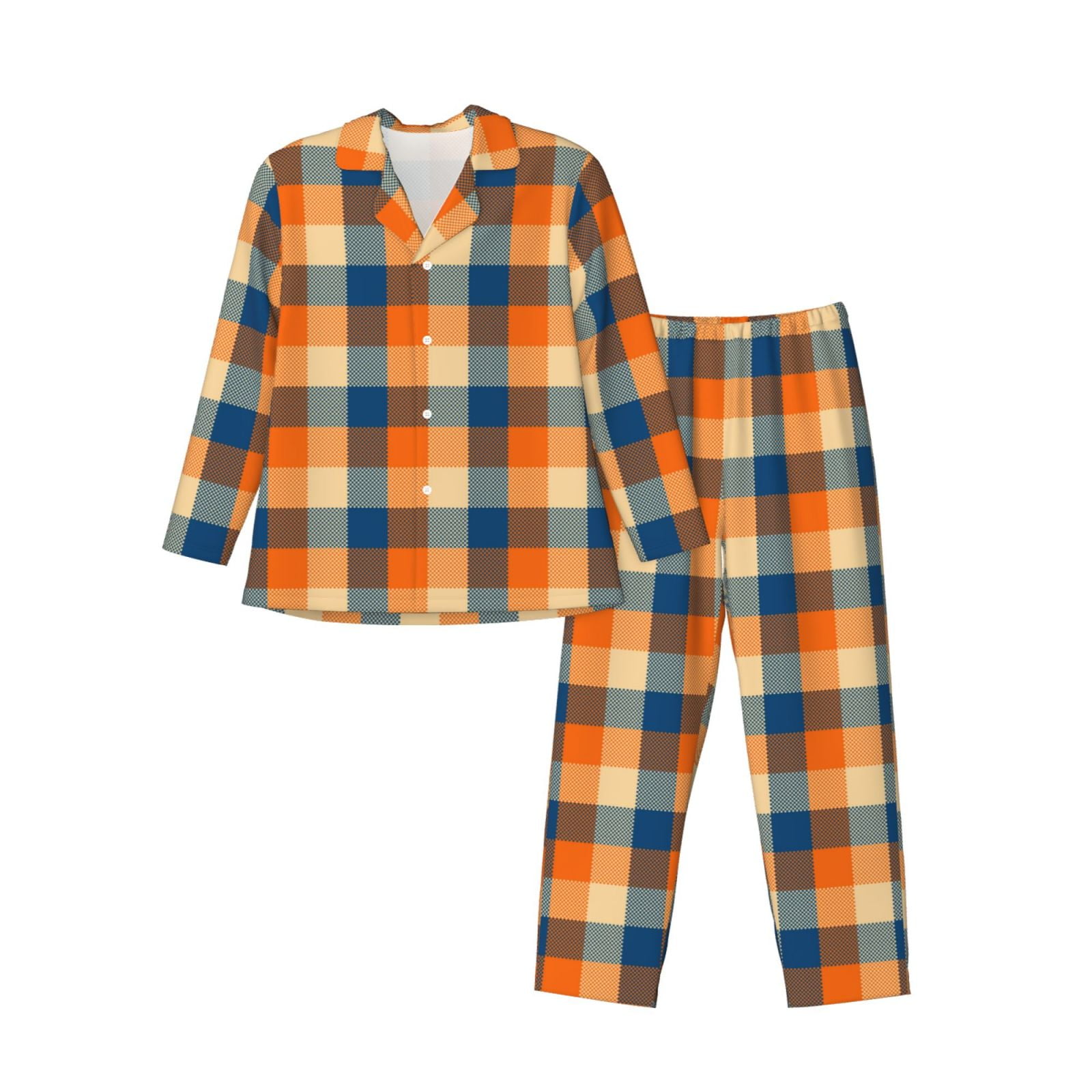 Hirioo Warm Orange Plaid for Men's Pajama Sets 2 Piece Pjs Men's Long ...