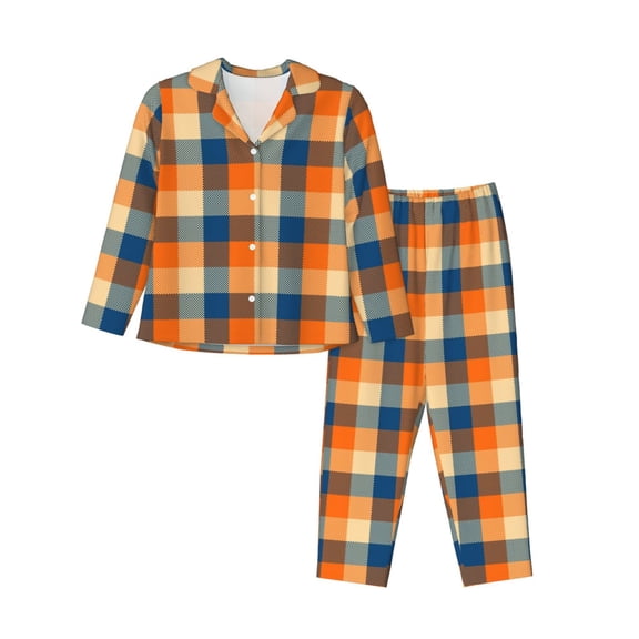 Hirioo Warm Orange Plaid for Women's Pajama Sets 2 Piece Pjs Women's Long-Sleeved Pajama Set Button Down Sleepwear,S-XXL-Small