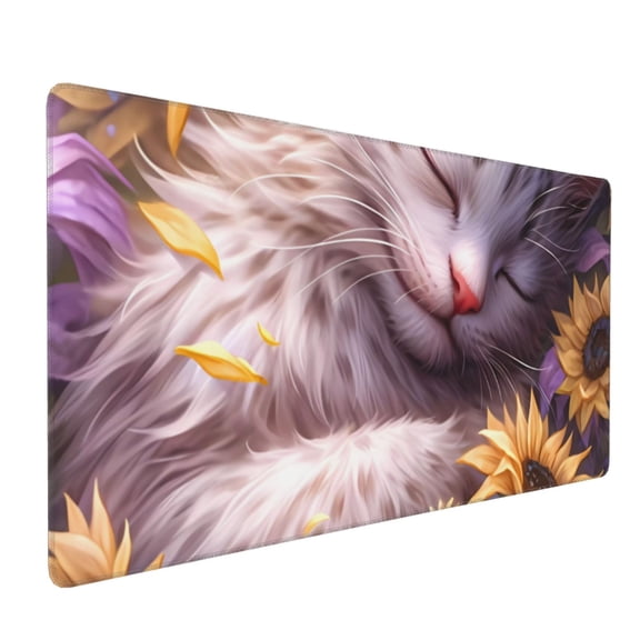Hirioo Warm Sunflower Sleeping Cat for Mouse Pad ,Anti-Slip Base, Durable Stitched Edges, Perfect for Gaming, Office, and Home Use,16x35.5in