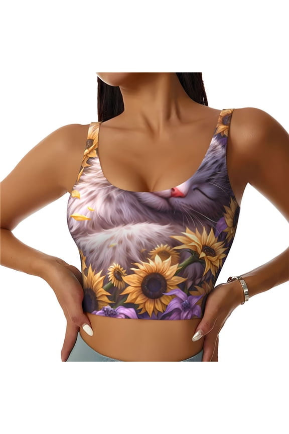 Warm Sunflower Sleeping Cat for Women's Sports Vest with Full-Print Design, Stretchy Fabric and Removable Pads-XX-Large
