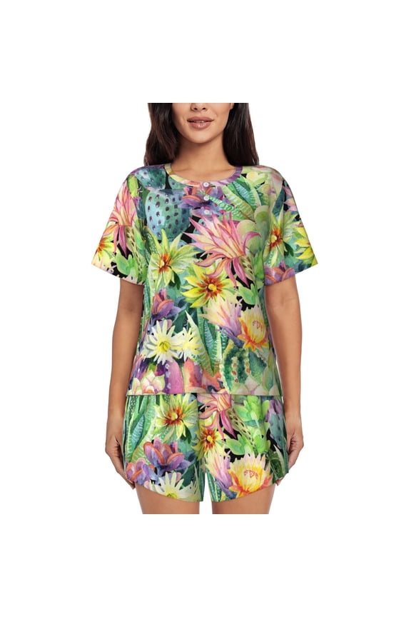 Watercolor Blooming Cactus for Women's 2 Piece Short-Sleeved Pajama PJ Sets for Women Shorts with Pockets Womens Lounge Set-Medium