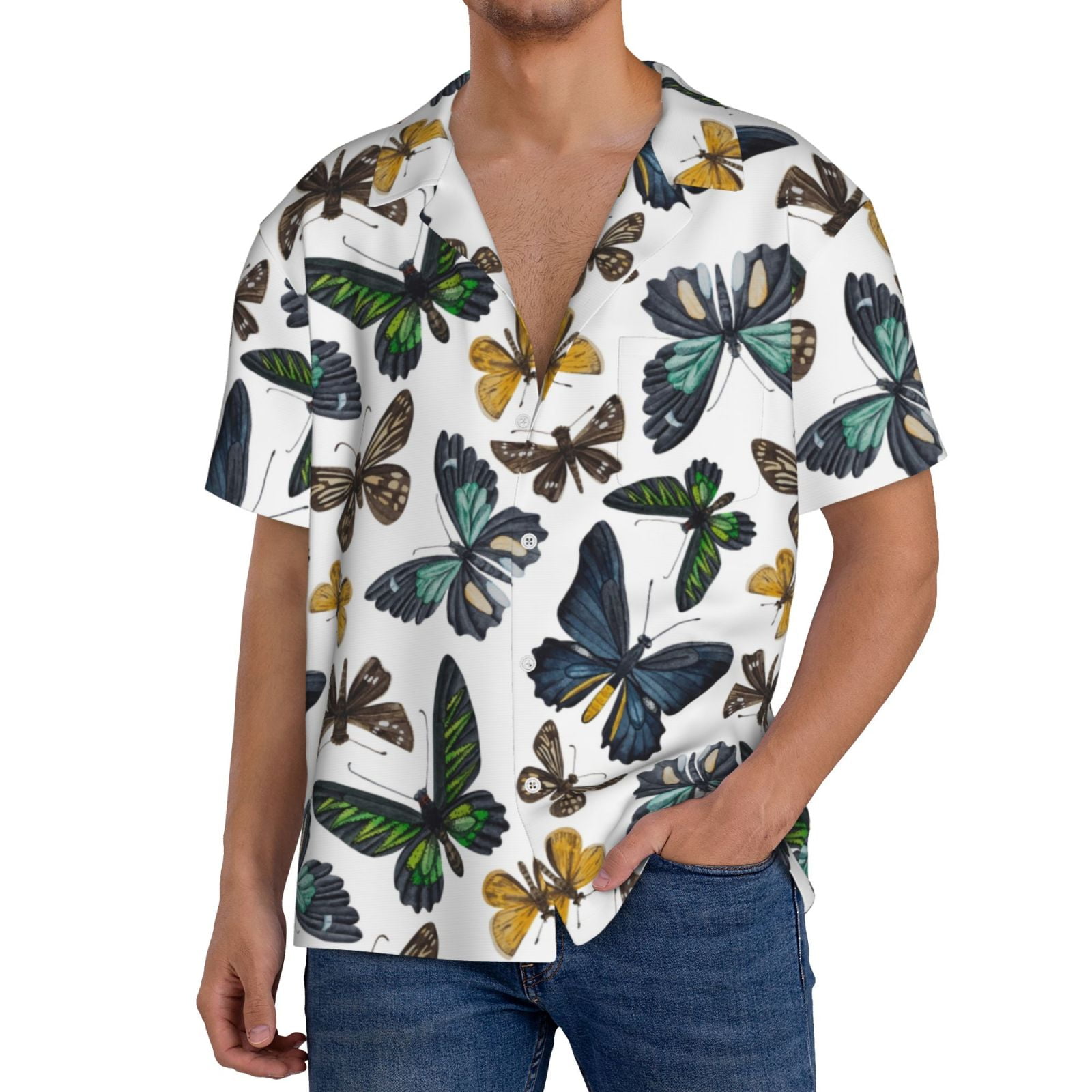 Turquoise Bubble Butterfly Print Men's Short Sleeve Shirt
