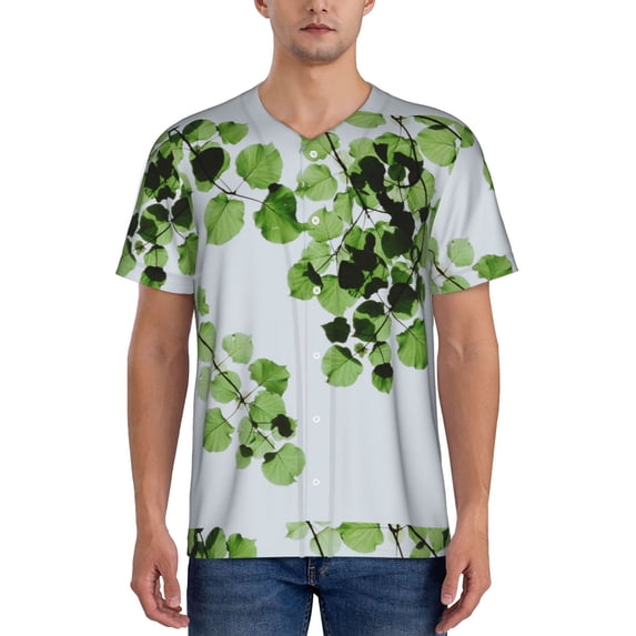 Hirioo Watercolor Green Leaves for Men's Baseball T-shirt Shirts Short Sleeve Casual Summer Button Stretch T Shirts,Size S-4XL-Medium