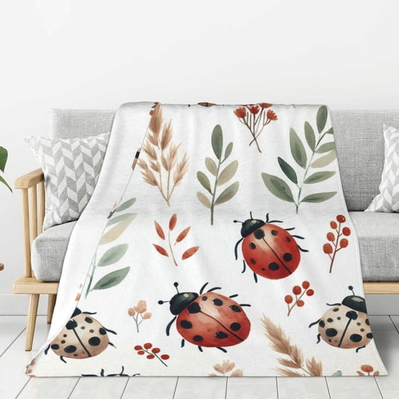Hirioo Watercolor Ladybug for Flannel Blanket, Cozy and Warm Throw for Bed or Couch ,Perfect for All Seasons-60"x50"