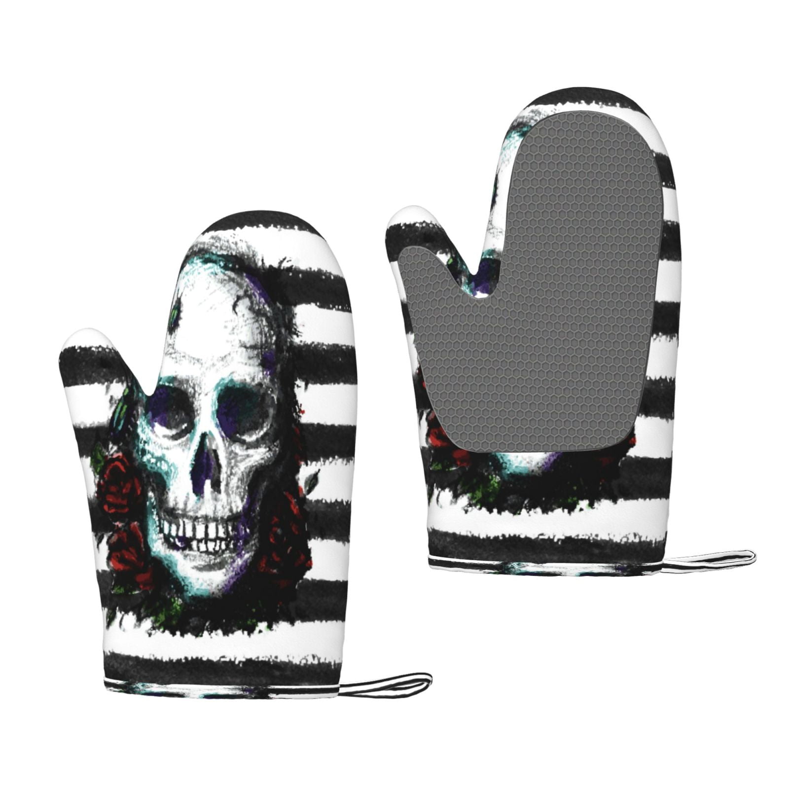 Hirioo Watercolor Skull for Silicone Oven Mitts for BBQ, Baking, Cooking, Set of 2, Heat Resistant 260℃, Non-Slip Kitchen Essentials