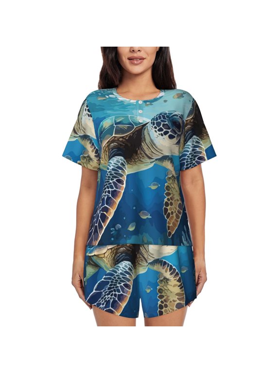 Watercolor Turtle for Women's 2 Piece Short-Sleeved Pajama PJ Sets for Women Shorts with Pockets Womens Lounge Set-Large