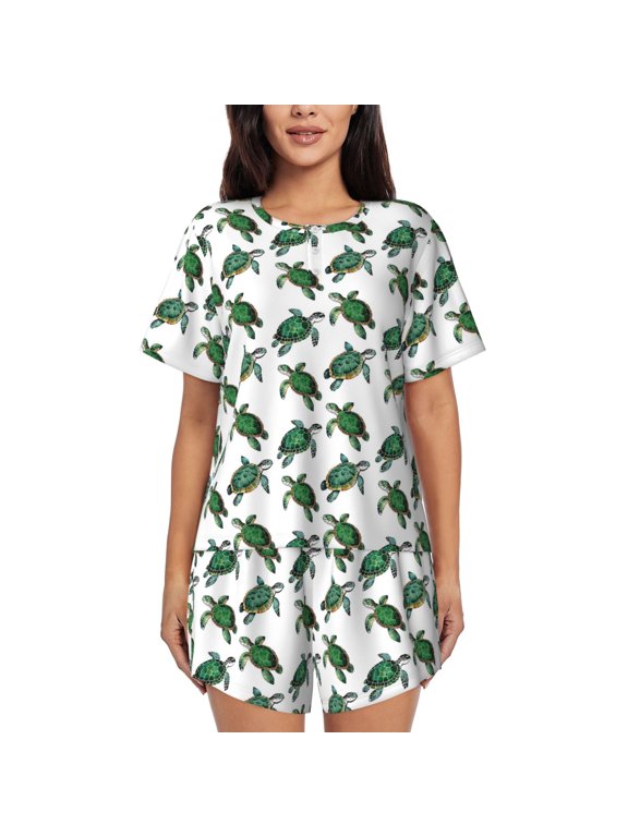 Watercolor Turtle for Women's 2 Piece Short-Sleeved Pajama PJ Sets for Women Shorts with Pockets Womens Lounge Set-X-Large