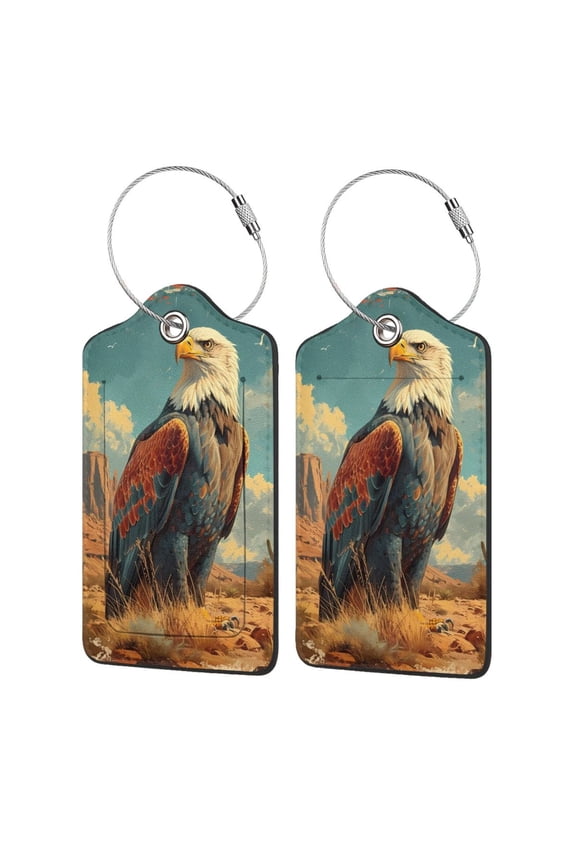 Western Desert Cactus Bald Eagle Print Leather Luggage Tag with Stainless Steel Loop ,Privacy Flap and Address Card for Travel Bag Suitcase-1