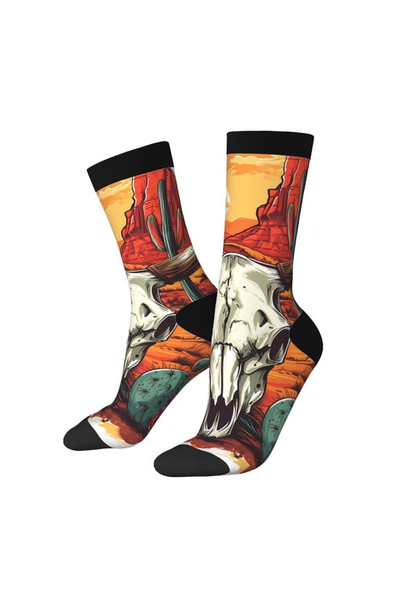 Western Desert Cactus Ram Skull Pattern Adult Middle Tube Socks Breathable Sock Non-Pilling,Contrasting Color Design