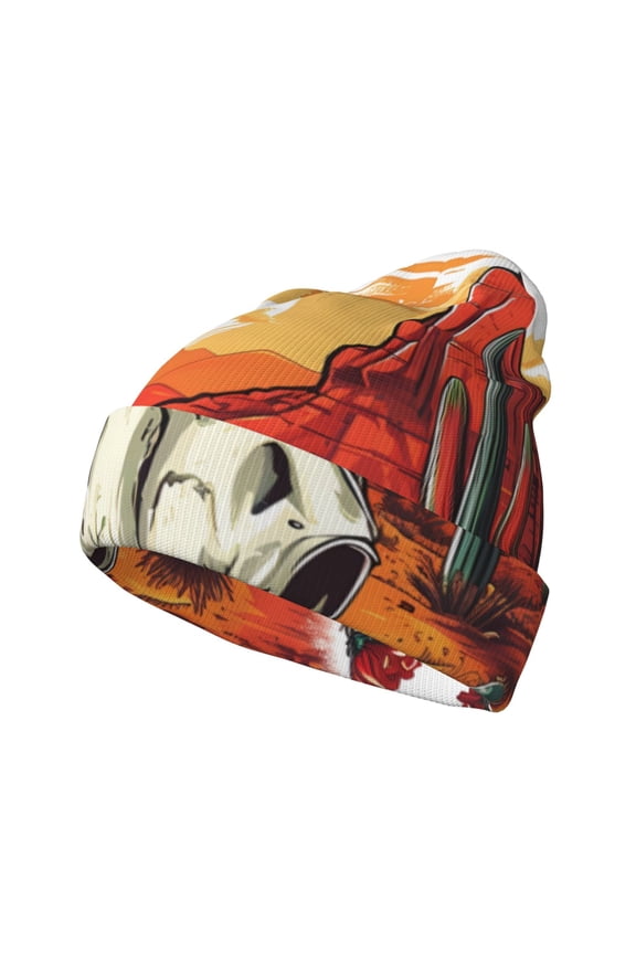 Western Desert Cactus Ram Skull for Men's Knit Cuffed Beanie for Outdoor Activities Unisex