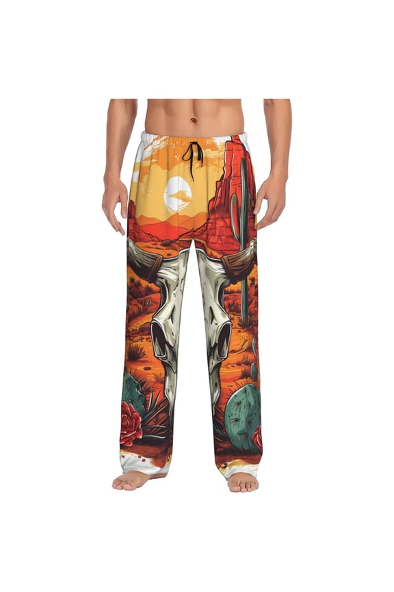 Western Desert Cactus Ram Skull for Men's PJ Pajama Pants Sleep Pants Men's Home Trousers with Pockets,S-3XL-3X-Large