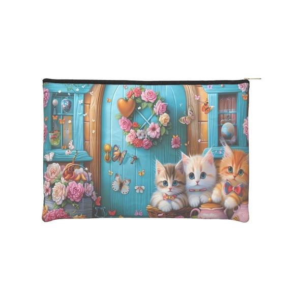 Hirioo Whimsical Cats and Flowers Scene for Paper Reusable Cosmetic Bag Zipper Encouragement Travel Pouch Toiletry Bag for Women Girls