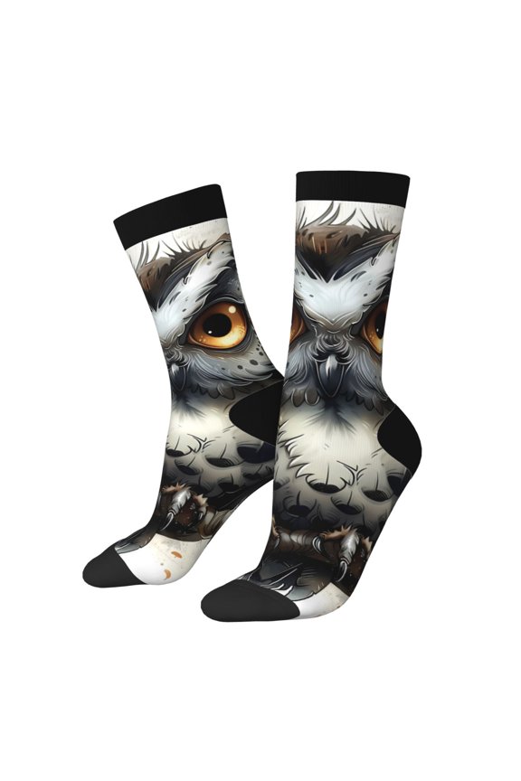 Whimsical Owl On Branch Pattern Adult Middle Tube Socks Breathable Sock Non-Pilling,Contrasting Color Design