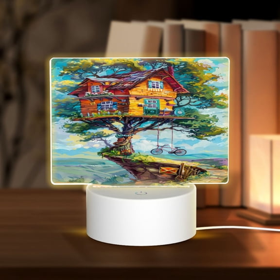 Hirioo Whimsical Treehouse Painting for Rectangular Acrylic with Night Light Best Gifts for Lover Girl Mom, Valentine's Day Anniversary Birthday Wedding Present