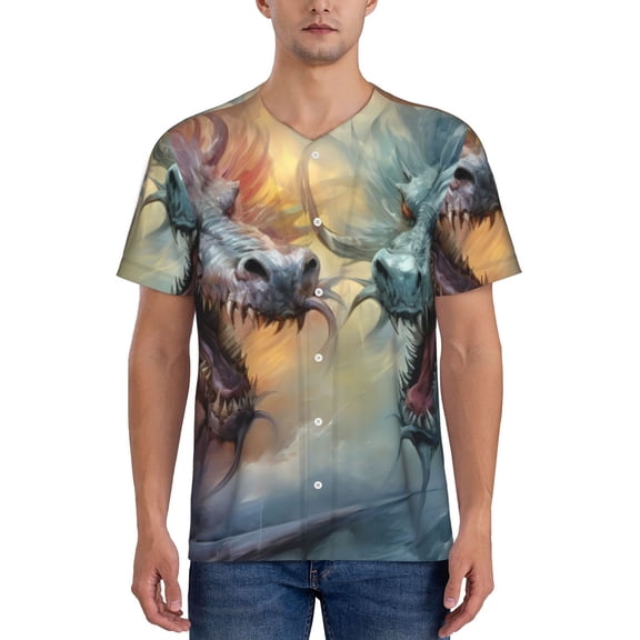 Hirioo White And Red Storm Dragon for Men's Baseball T-shirt Shirts Short Sleeve Casual Summer Button Stretch T Shirts,Size S-4XL-XX-Large