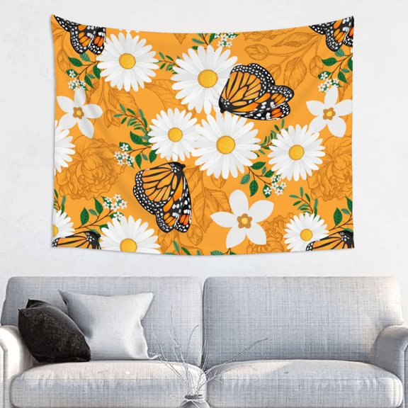 Hirioo White Floral and Butterflies Print Tapestry Lightweight Fabric for Bedroom Aesthetic Home Wall Dorm Décor Living Room Decor 29x37 Inch