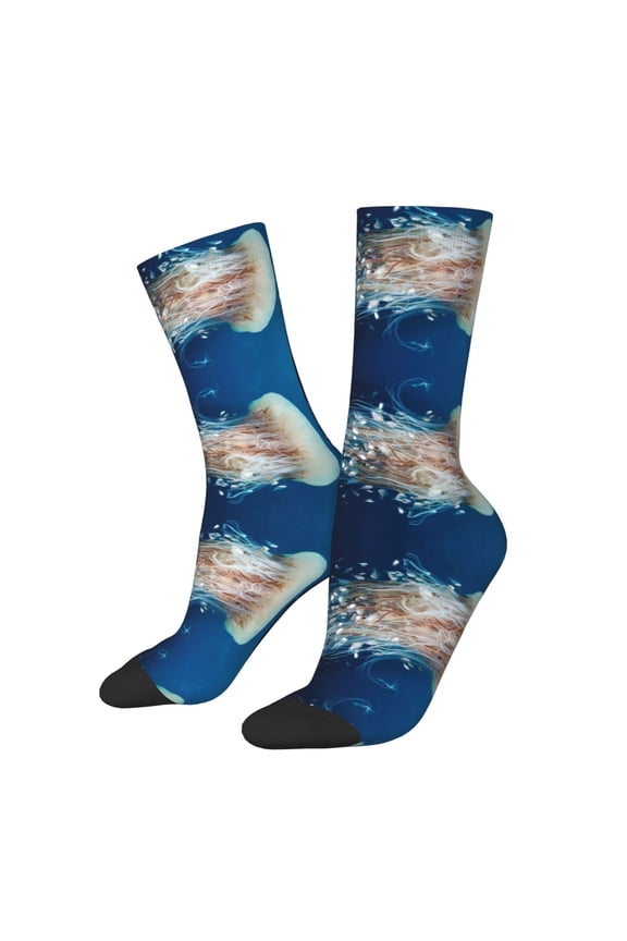 White Jellyfish Dansing in the Ocean Pattern Adult Middle Tube Socks Breathable Sock Non-Pilling,Contrasting Color Design