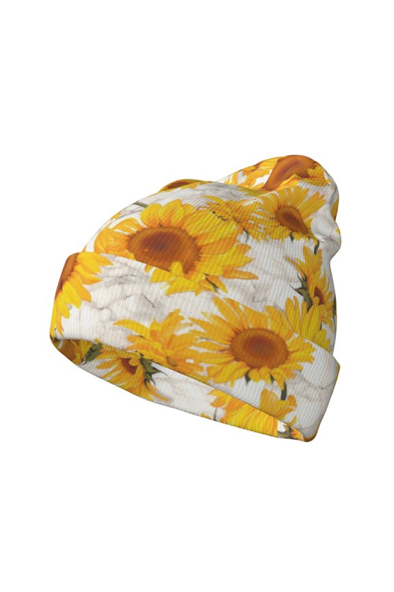 White Marble Pattern Sunflower for Men's Knit Cuffed Beanie for Outdoor Activities Unisex