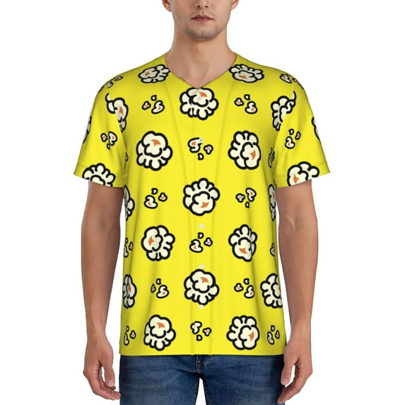 Hirioo White Popcorn for Men's Baseball T-shirt Shirts Short Sleeve Casual Summer Button Stretch T Shirts,Size S-4XL-XX-Large