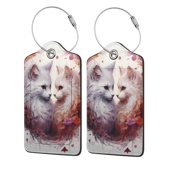 Hirioo White Red Cat Couple Print Leather Luggage Tag with Stainless Steel Loop ,Privacy Flap and Address Card for Travel Bag Suitcase-2 PCS
