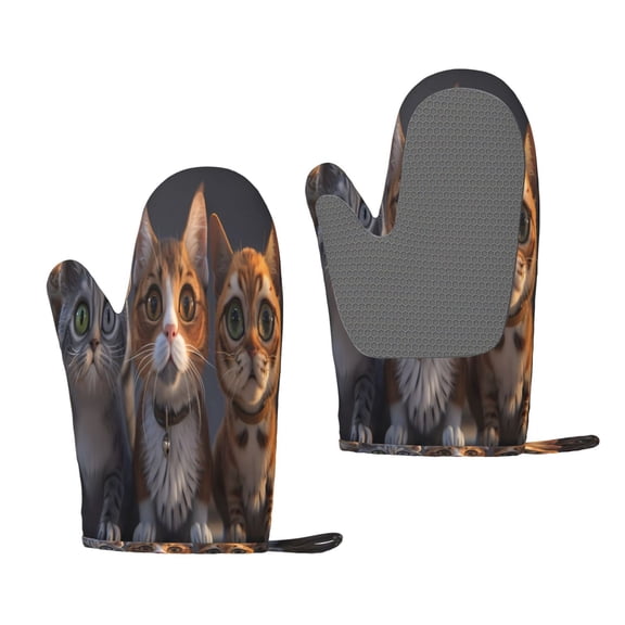 Hirioo Wide Eyed Cartoon Cats for Silicone Oven Mitts for BBQ, Baking, Cooking, Set of 2, Heat Resistant 260, Non-Slip Kitchen Essentials
