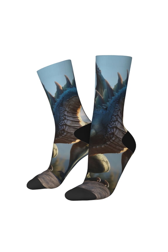 Wild Blue Cool Dragon Pattern Adult Middle Tube Socks Breathable Sock Non-Pilling,Contrasting Color Design