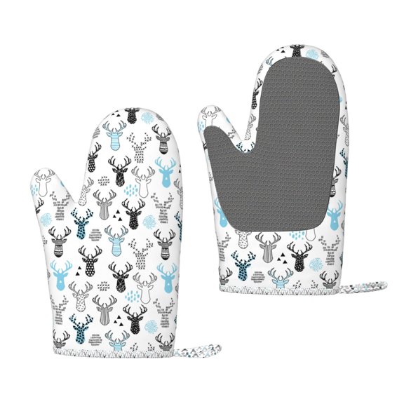 Hirioo Winter Art Blue and Black Moose for Silicone Oven Mitts for BBQ, Baking, Cooking, Set of 2, Heat Resistant 260, Non-Slip Kitchen Essentials
