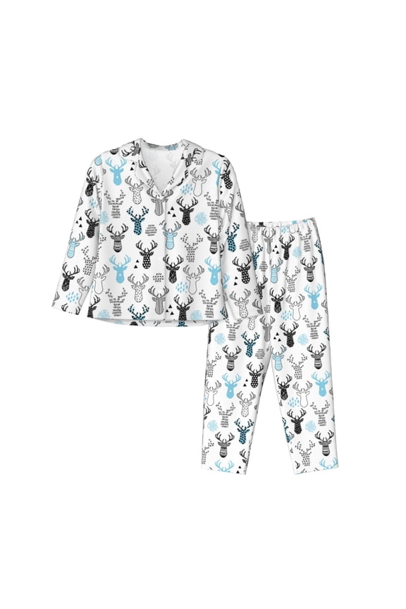 Winter Art Blue and Black Moose for Women's Pajama Sets 2 Piece Pjs Women's Long-Sleeved Pajama Set Button Down Sleepwear,S-XXL-XX-Large