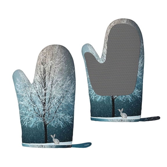 Hirioo Winter Rabbit for Silicone Oven Mitts for BBQ, Baking, Cooking, Set of 2, Heat Resistant 260, Non-Slip Kitchen Essentials