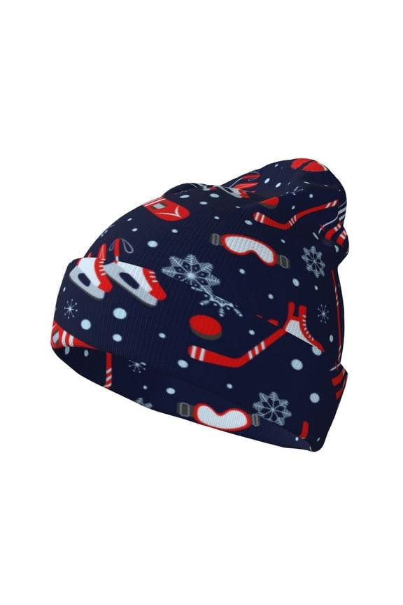 Winter Sports Fun Pattern for Men's Knit Cuffed Beanie for Outdoor Activities Unisex