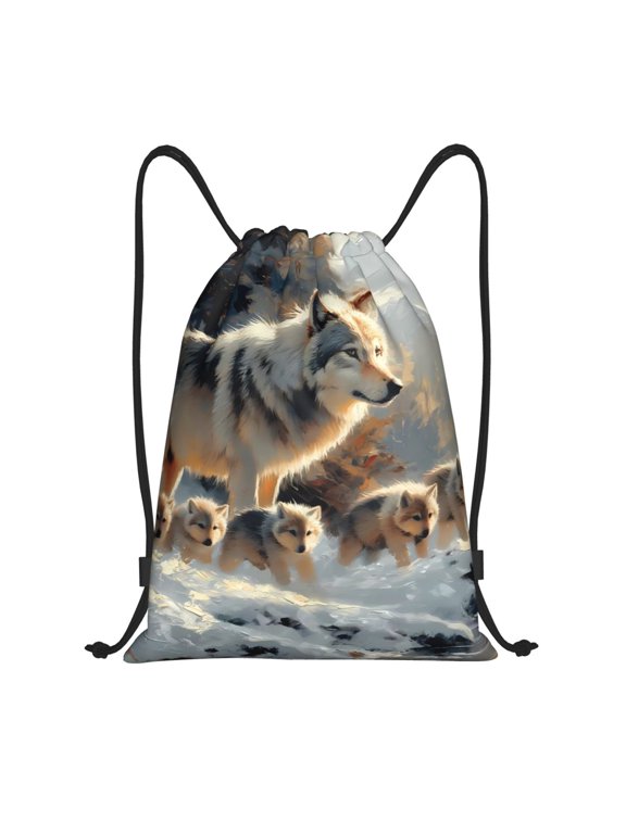 Wolf Family Winter Wonderland Print Drawstring Backpack Bag Sport Versatile Sports Backpack for Gym, Travel, Swimming, Beach