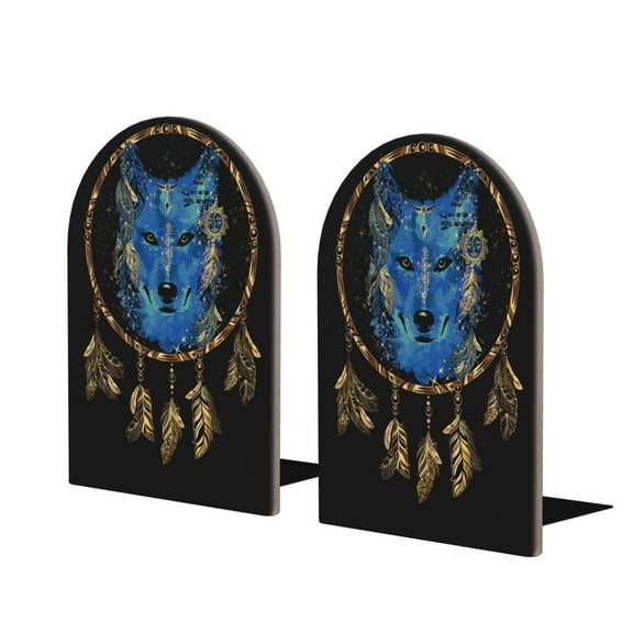 Hirioo Wolf Head And Dreamcatcher for Bookends Decorative Bookends for Shelves for Home or Office, Non-Slip Base
