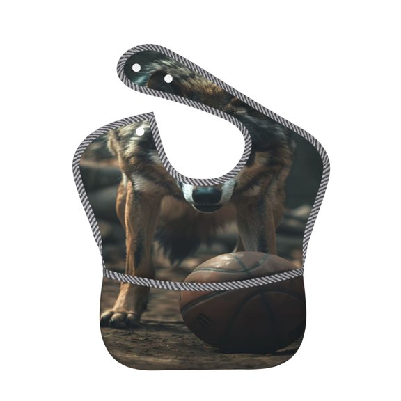 Hirioo Wolf With Basketball for Baby Waterproof Pocket Bib Adjustable Closed for Babies Toddlers with Large Pocket 6-24Months