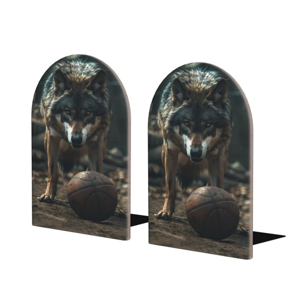 Hirioo Wolf With Basketball for Bookends Decorative Bookends for Shelves for Home or Office, Non-Slip Base