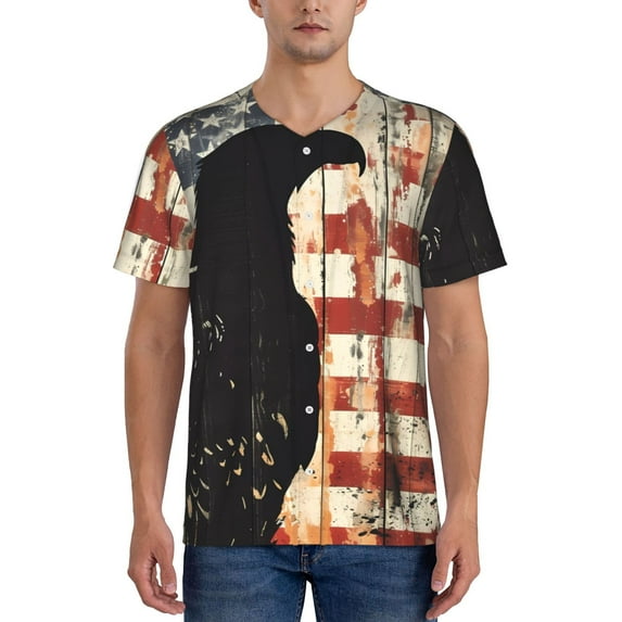 Hirioo Wood Grain Bald Eagle for Men's Baseball T-shirt Shirts Short Sleeve Casual Summer Button Stretch T Shirts,Size S-4XL-Medium