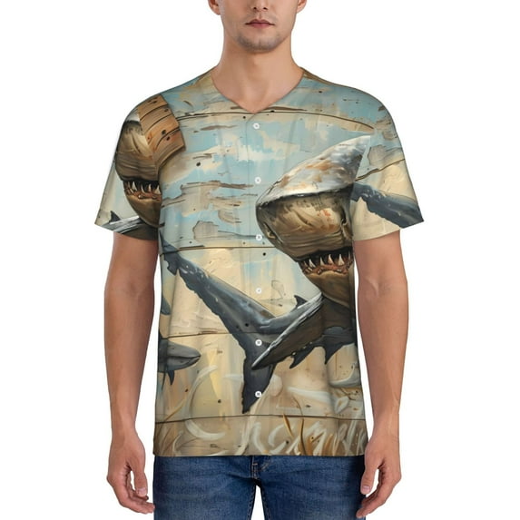 Hirioo Wood Grain Shark for Men's Baseball T-shirt Shirts Short Sleeve Casual Summer Button Stretch T Shirts,Size S-4XL-3X-Large