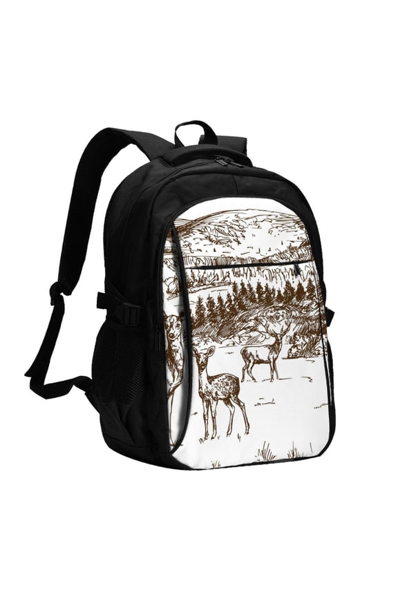 Woodland Forest With Deers for Travel Laptop Backpack with USB Charging Port for Men and Women