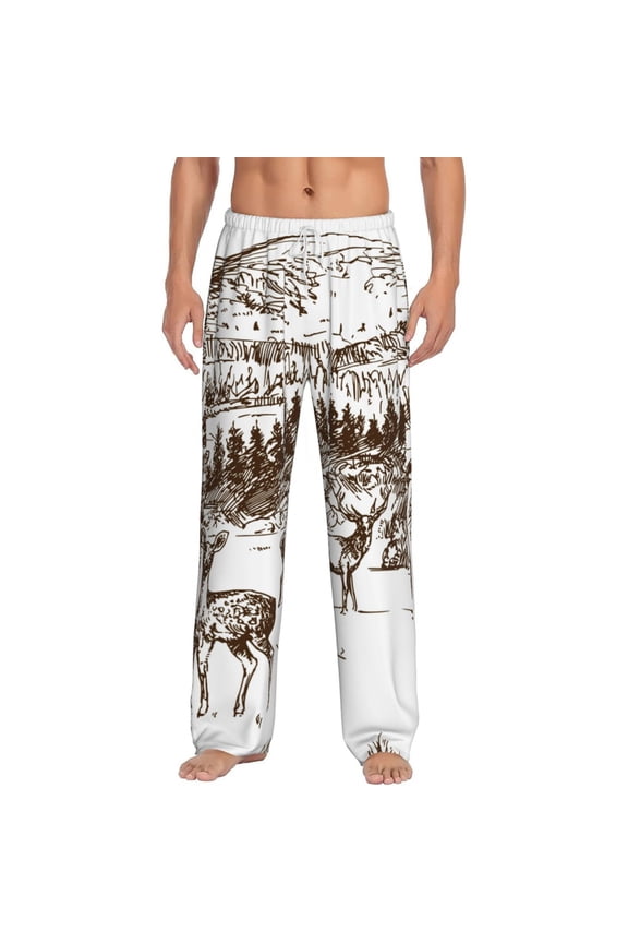 Woodland Forest With Deers for Men's PJ Pajama Pants Sleep Pants Men's Home Trousers with Pockets,S-3XL-X-Large