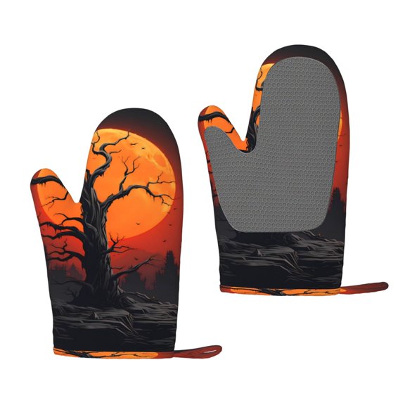 Hirioo Yellow Castle Sunset Tree for Silicone Oven Mitts for BBQ, Baking, Cooking, Set of 2, Heat Resistant 260, Non-Slip Kitchen Essentials