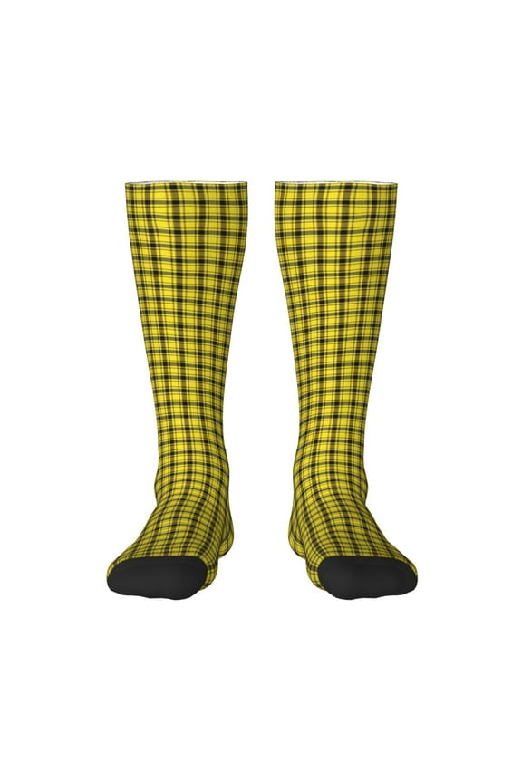 Yellow Checkered Plaid for Adult Stockings Breathable Sock Non-Pilling,Contrasting Color Design