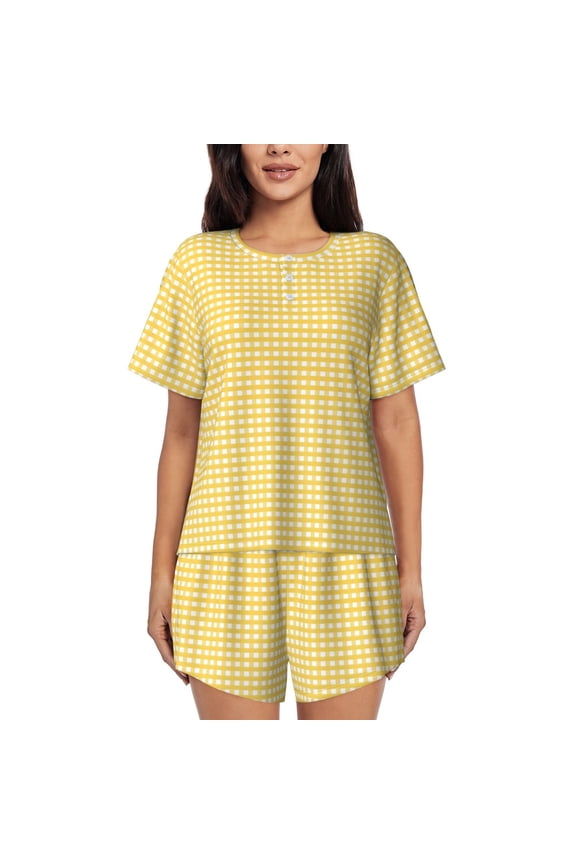 Yellow Gingham for Women's 2 Piece Short-Sleeved Pajama PJ Sets for Women Shorts with Pockets Womens Lounge Set-Medium