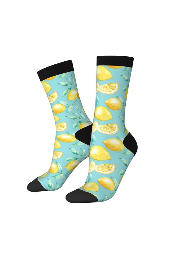 Yellow Lemon Pattern Adult Middle Tube Socks Breathable Sock Non-Pilling,Contrasting Color Design