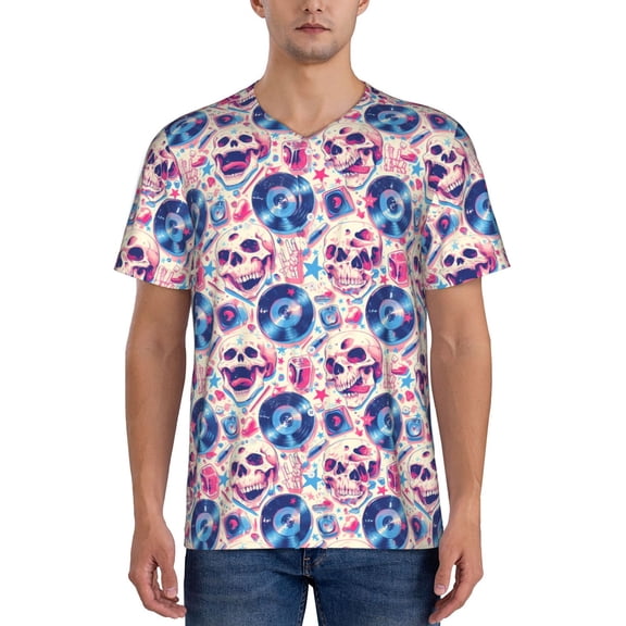 Hirioo blue record rock Skull for Men's Baseball T-shirt Shirts Short Sleeve Casual Summer Button Stretch T Shirts,Size S-4XL-XX-Large