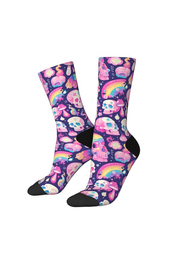 cartoon rainbow Skull Pattern Adult Middle Tube Socks Breathable Sock Non-Pilling,Contrasting Color Design