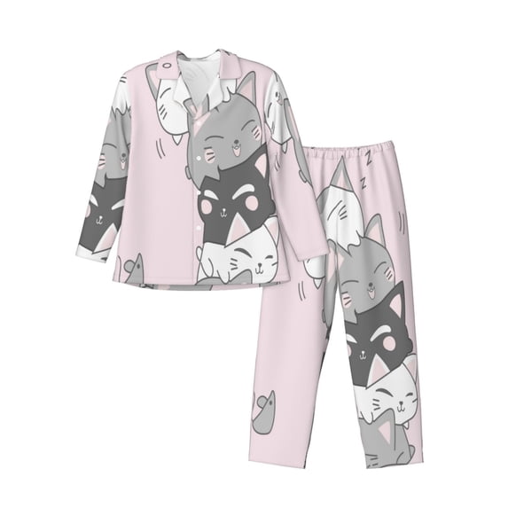 Hirioo cat for Men's Pajama Sets 2 Piece Pjs Men's Long-Sleeved Pajama Set Button Down Sleepwear,S-XXL-Small