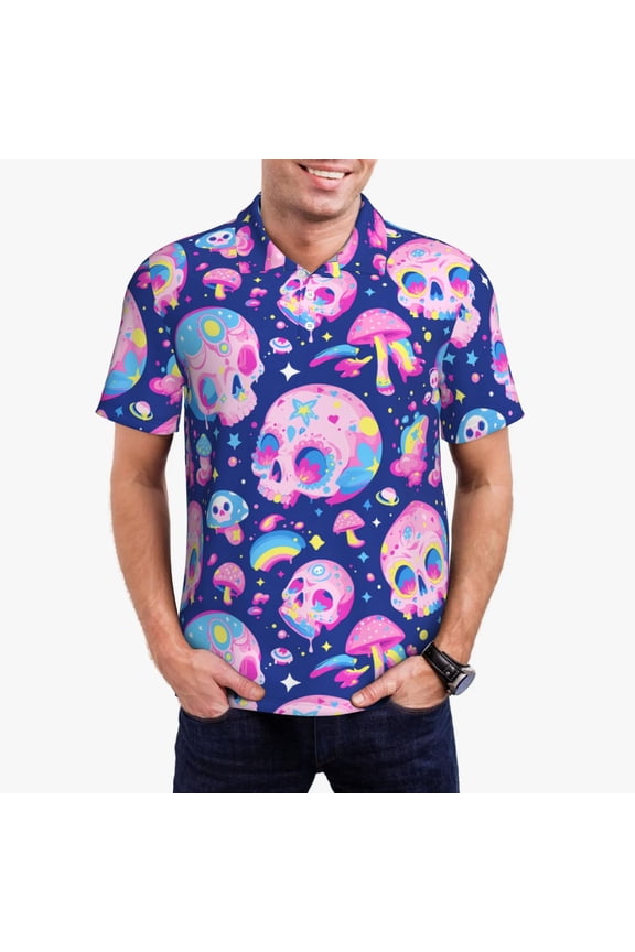 colorful Skull mushroom rainbow for Men’s Polo Shirts Quick Dry Short Sleeve Golf T Shirt Performance Moisture Wicking Casual Workout,Sizes S-4XL-Large