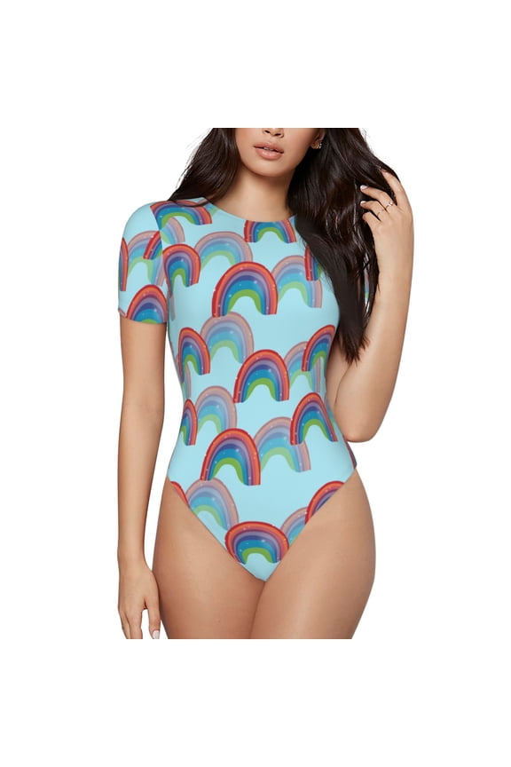 colorful rainbow for Women's Round Neck Short-sleeved Onesie Basic Bodysuits-X-Large