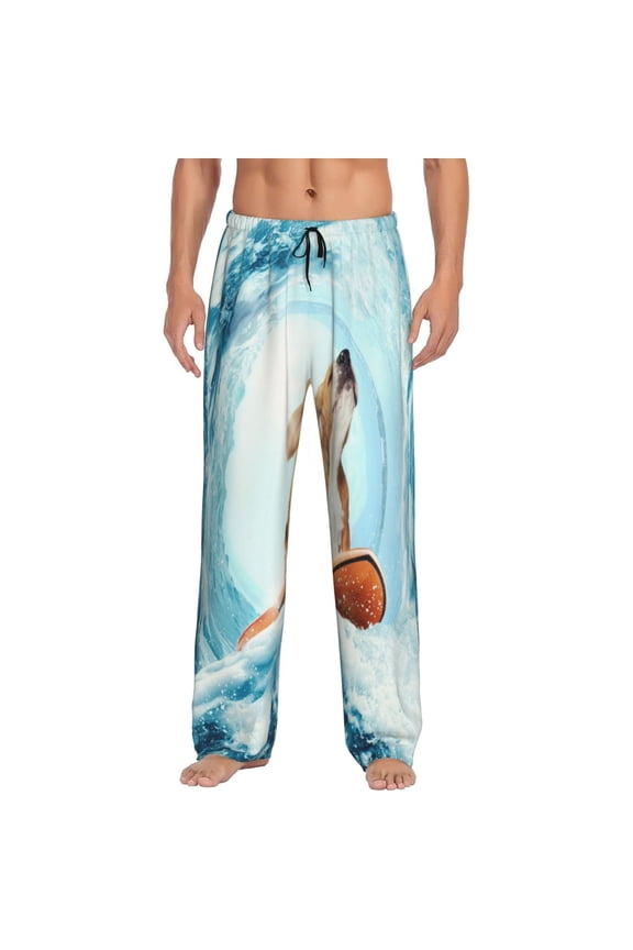 dog surfing on surfboard for Men's PJ Pajama Pants Sleep Pants Men's Home Trousers with Pockets,S-3XL-Small